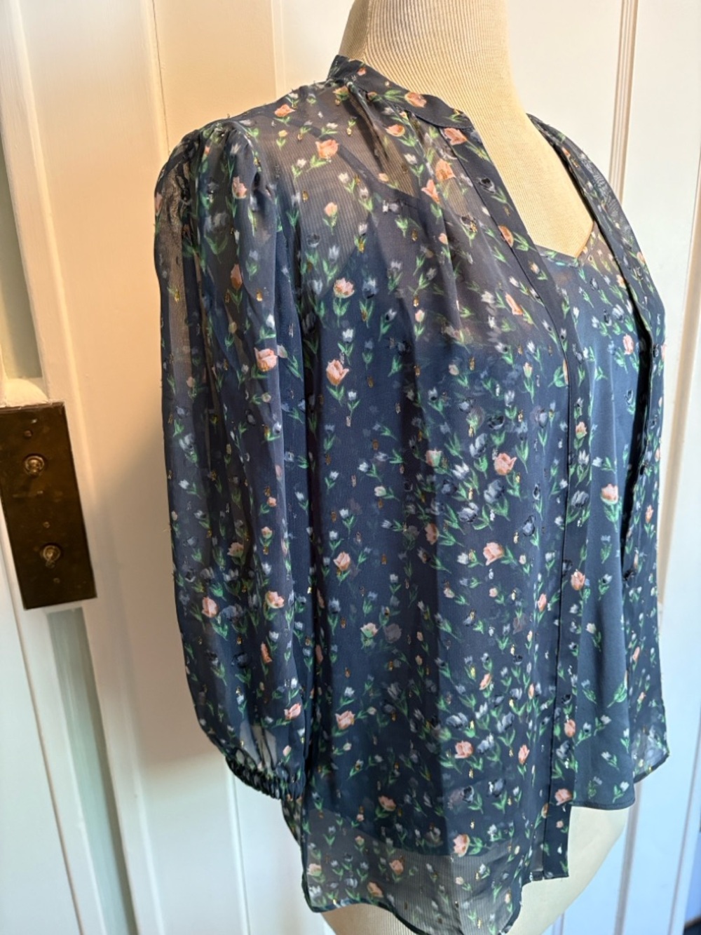 White House Black Market Sheer Blue/Gray Floral Blouse with Cami/Tank Size:Small